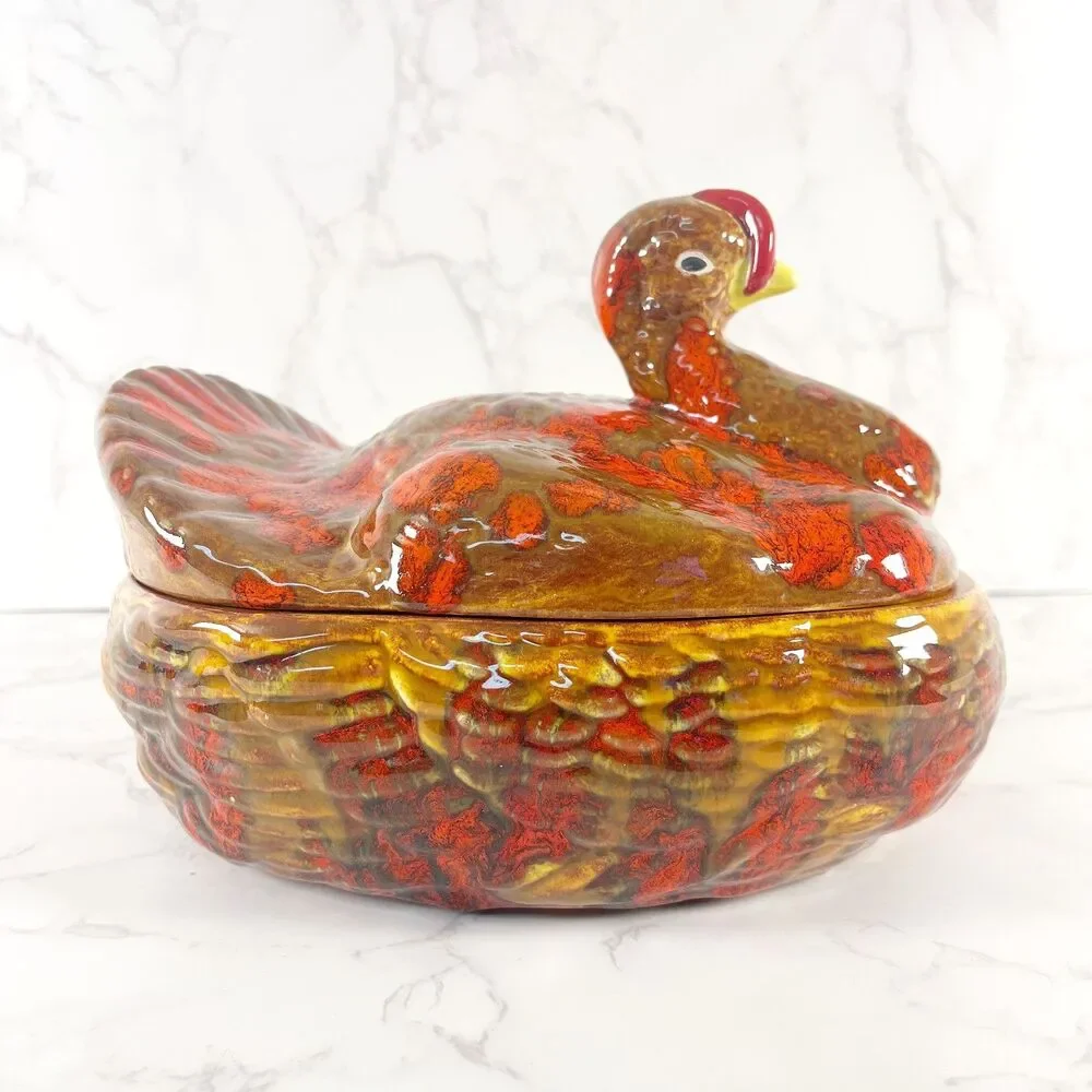 Vintage 1970s Ceramic Turkey Tureen with Lid Drip Glaze Fall Casserole Dish